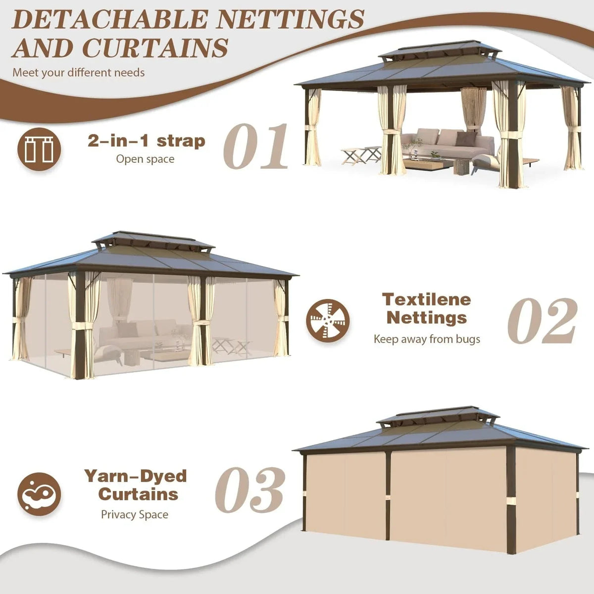 EROMMY Pavillon mit festem Dach, Outdoor-Pergola mit Doppeldach, Netzvorhängen und Vorhängen, robustes Vordach für Terrasse, Garten und Poolpartys