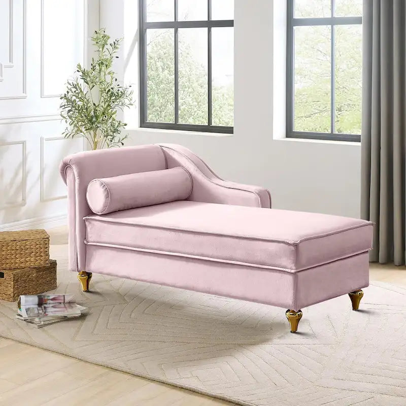 Fauteuil méridienne élégant français en velours avec revêtement rembourré et rangement, avec coussin