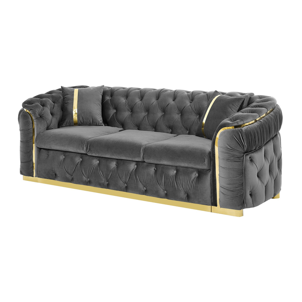 90.6 Velvet 3-Seater Sofa with 2 Pillows High-Density Cushions, Gold Accents, and Pillows