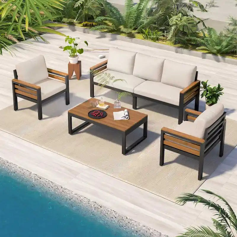 Ensemble de canapé d’extérieur de 4 pièces pour 5 personnes avec table basse en bois massif et coussins amovibles