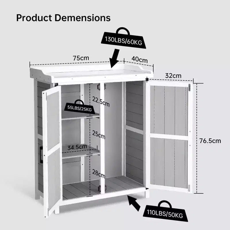 Armoire de rangement extérieur, établi de rempotage – poste de travail de jardin en bois imperméable avec plateau galvanisé, étagères réglables pour cour, terrasse ou pelouse