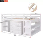 Full Size Low Loft Bed with Rolling Desk, 3 Drawers and Shelves