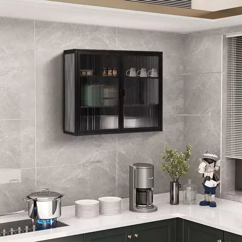 Moderner 2-türiger Wandschrank von Okak mit 3-stufigem Stauraum und Glastüren für Eingangsbereich, Esszimmer, Wohnzimmer oder Küche