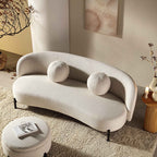 Gebogen 3-zitsbank met balvormige kussens, beige linnenmix