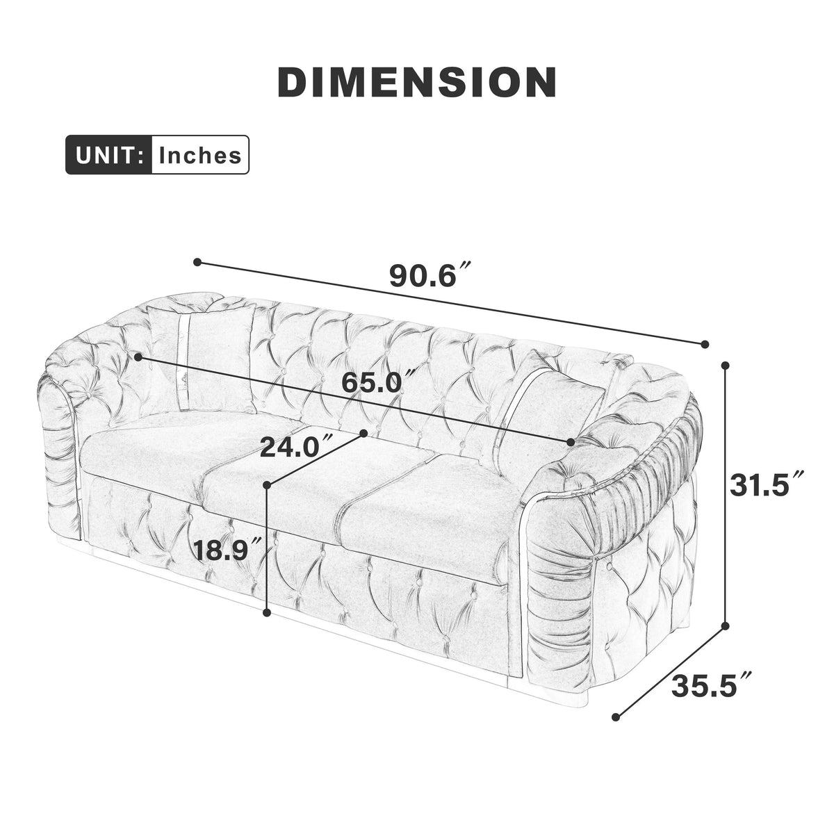 90.6 Velvet 3-Seater Sofa with 2 Pillows High-Density Cushions, Gold Accents, and Pillows