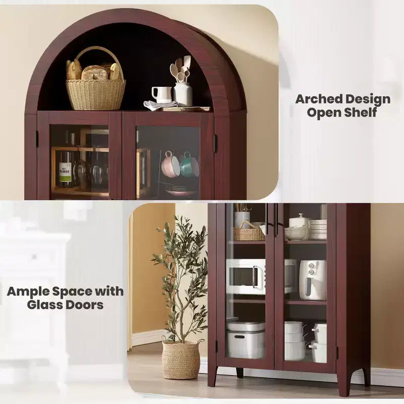 Armoire de rangement haute et cintrée avec portes vitrées, bibliothèque d’exposition à 5 niveaux avec étagères réglables pour la cuisine ou le salon