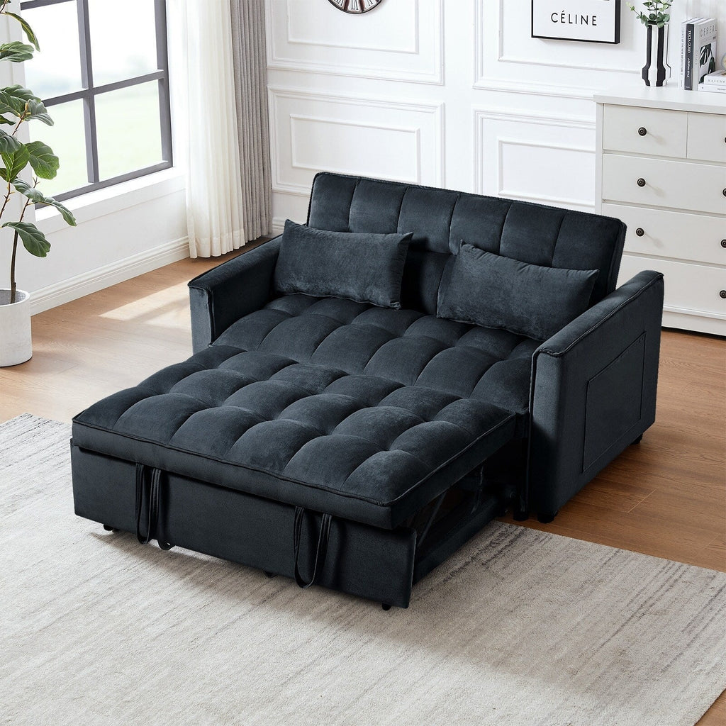 Modernes ausziehbares Schlafsofa, 3-in-1-Schlafsofa mit verstellbarer Rückenlehne, Samt-Loveseat, Kissen und Seitentaschen