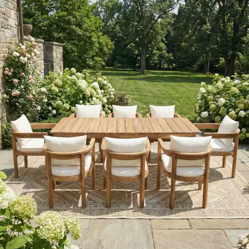 Christopher Knight Home Irene Ensemble repas d’extérieur rustique de 9 pièces en bois d’acacia, avec chaises à dossier incurvé et coussins