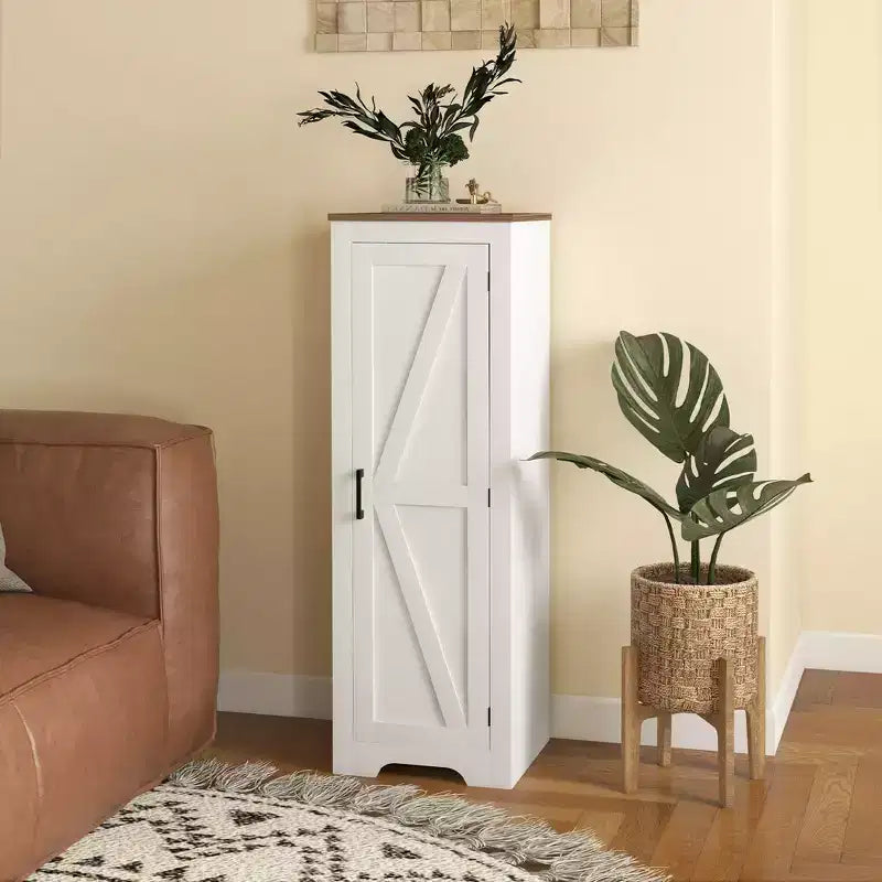 HOMCOM Aufbewahrungsschrank im Landhausstil mit verstellbarem Einlegeboden, Akzentschrank mit einer Scheunentür für Wohnzimmer, Bodenschrank als Vorratsschrank, Weiß