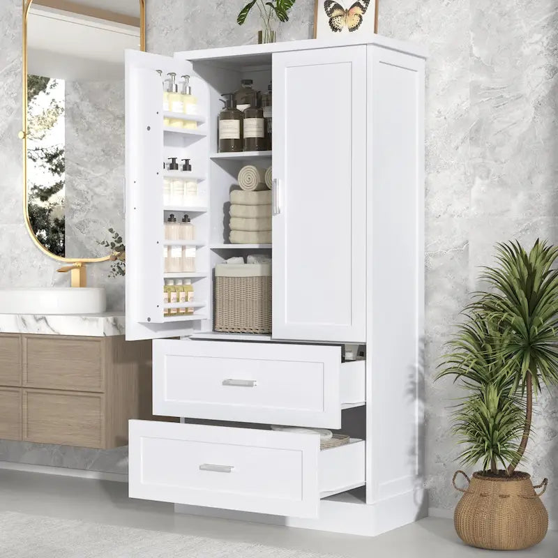 Armoire haute de rangement pour salle de bains, avec deux portes et tiroirs, étagère réglable, panneau MDF
