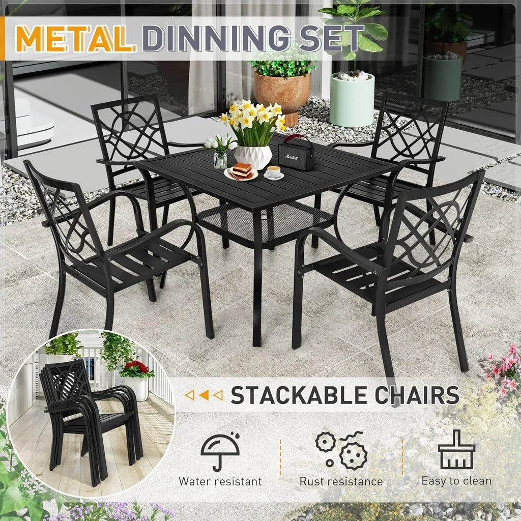 SUNCROWN 5/7-delige stalen tuin-eetsets, metalen tafel met lattenblad en stapelbare stoelen, gepoedercoat frame