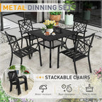 SUNCROWN 5/7-delige stalen tuin-eetsets, metalen tafel met lattenblad en stapelbare stoelen, gepoedercoat frame