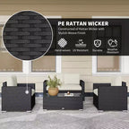 4-teiliges Rattan-Sofaset, Korbsofaset für die Terrasse mit Zweiersofa, Sesseln und Couchtisch mit Glasplatte für Garten und Außenbereich