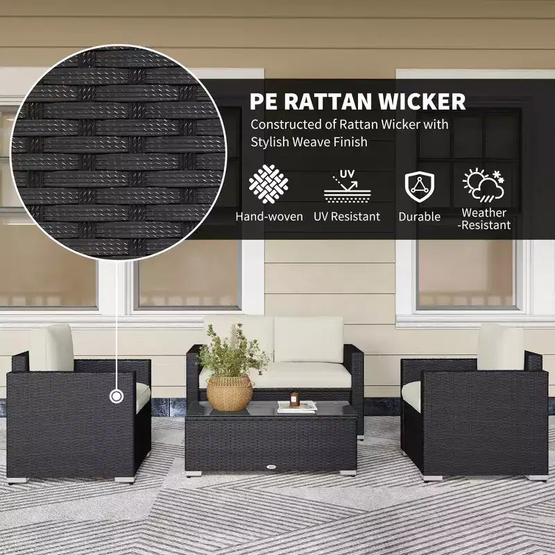 4-teiliges Rattan-Sofaset, Korbsofaset für die Terrasse mit Zweiersofa, Sesseln und Couchtisch mit Glasplatte für Garten und Außenbereich