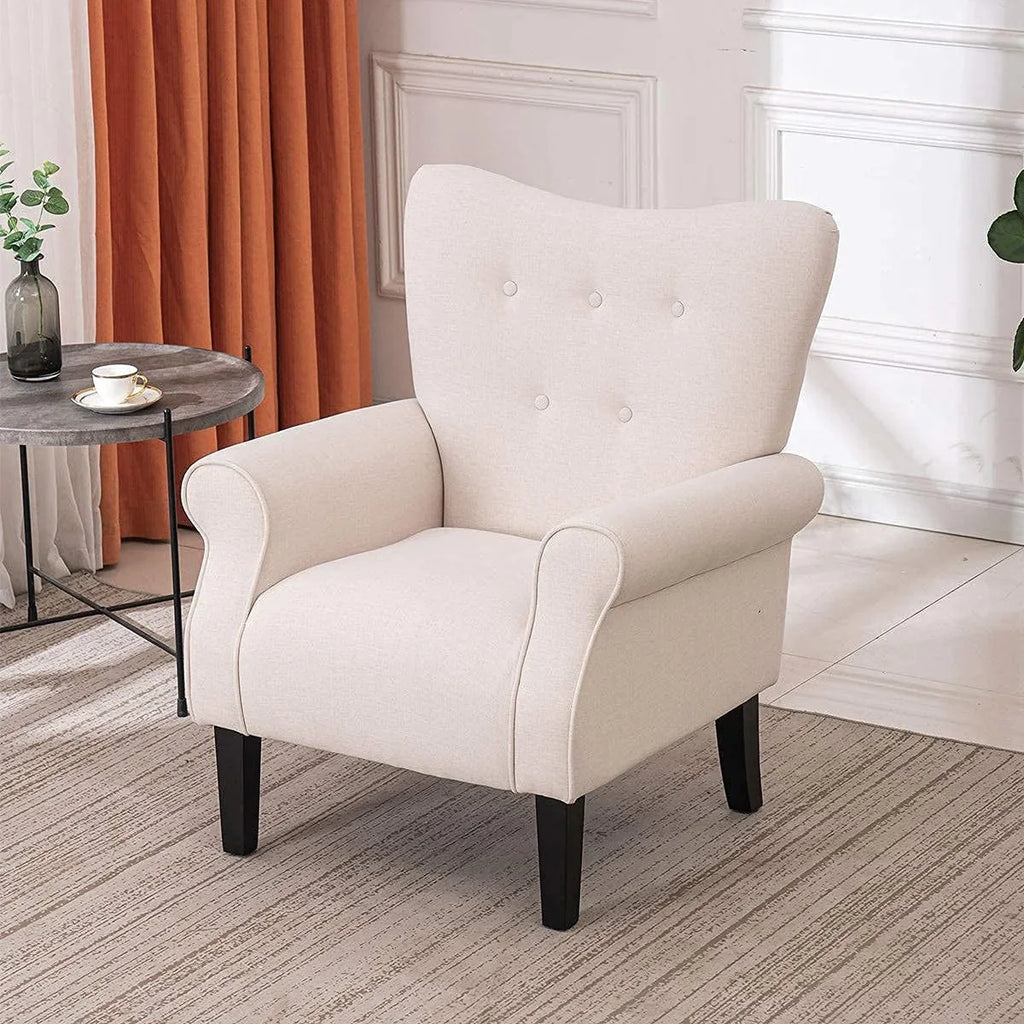 Erommy moderne accentstoel, fauteuil met hoge rugleuning, gestoffeerde stoffen fauteuil met knopen en houten poten voor de woonkamer