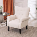 Erommy moderne accentstoel, fauteuil met hoge rugleuning, gestoffeerde stoffen fauteuil met knopen en houten poten voor de woonkamer