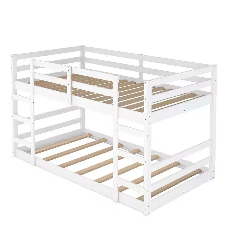 Lit superposé bas, lit superposé en bois au ras du sol avec échelle, lit superposé avec barrières de sécurité complètes
