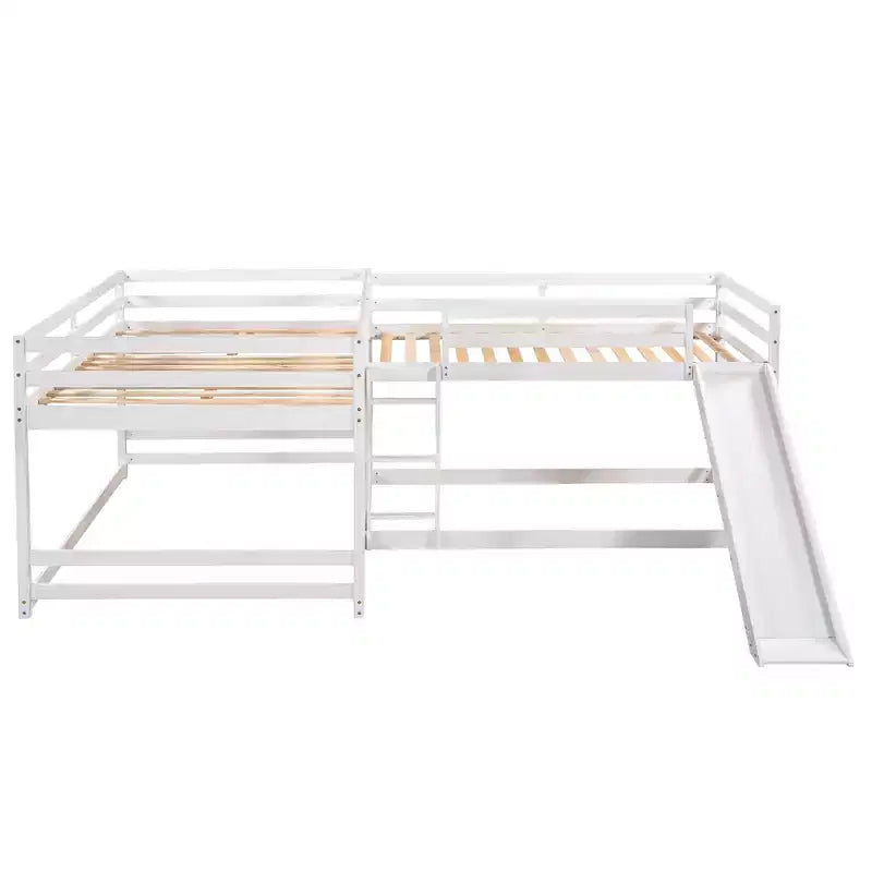 L-vormig stapelbed voor 4 kinderen, vierpersoons stapelbed met glijbaan, houten stapelbedframe met full- en twinbed voor slaapkamer of slaapzaal