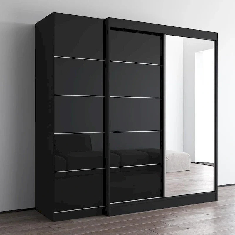 Armoire à 2 portes avec miroir, façade en verre, pour 2 personnes (gris / noir / blanc)