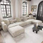 Grote modulaire hoekbank met corduroybekleding, U-vormig, 4-zits, met 2 ottomanen en 5 kussens