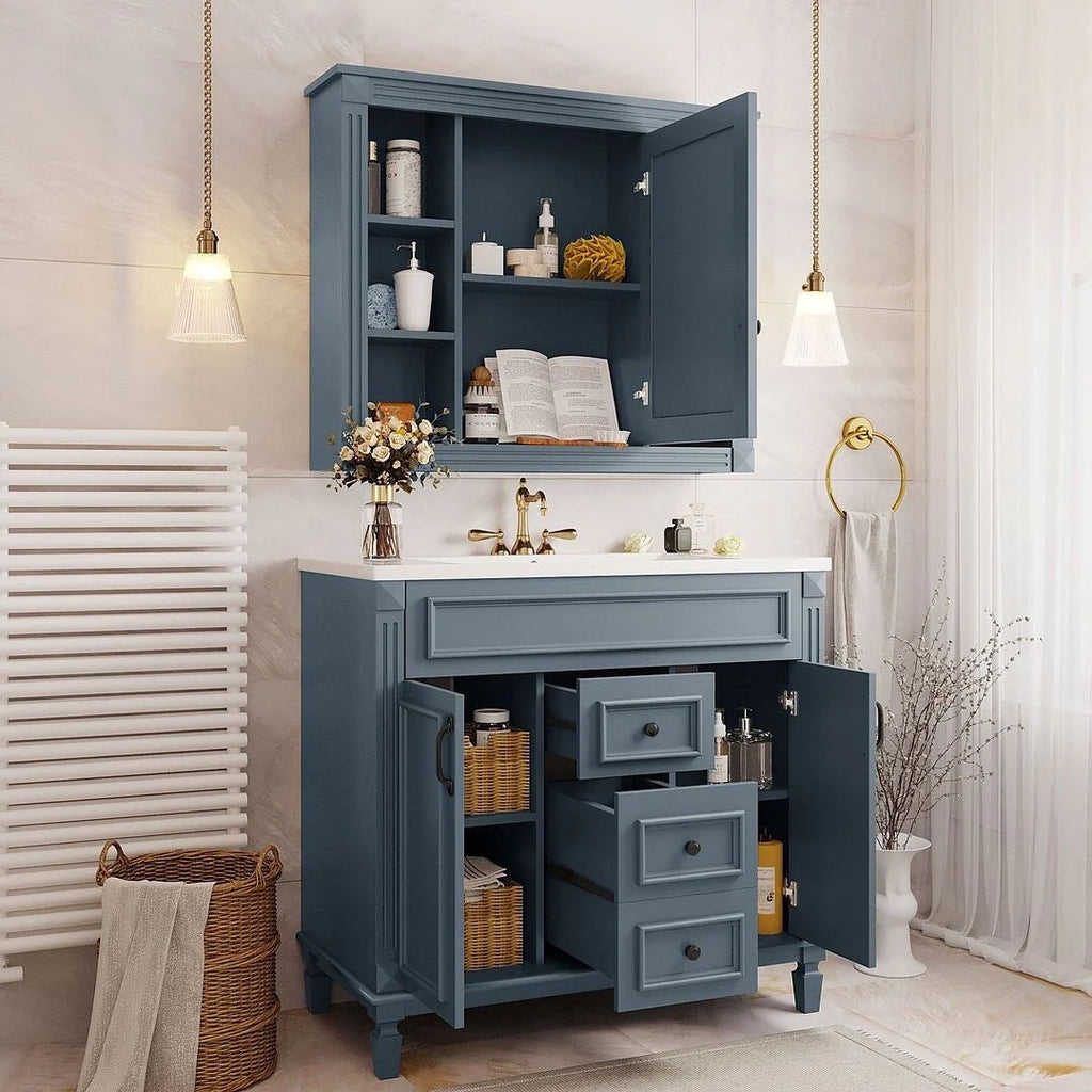 Meuble-lavabo moderne de salle de bains de 36 po avec vasque sur plan, armoire à miroir, 2 portes et 2 tiroirs