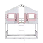 Twin Size House-Shaped Loft Bed, Wood Playhouse Loft Bed with Ladder & Guardrails for Kids