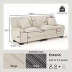 Beige 87 Corduroy Couch with 2 Pillows, Sailboat-Shape Deep Seat Sofa for Living Room, Small Space, Office, Apartment-Morden Fort