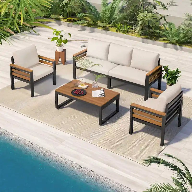 Ensemble de canapé d’extérieur de 4 pièces pour 5 personnes avec table basse en bois massif et coussins amovibles