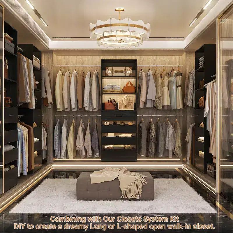 Besiost Holz-Kleiderschrank-Organizersystem für 1,2–2,7 m mit 4 Schubladen, 4 Kleiderstangen und Regaltürmen