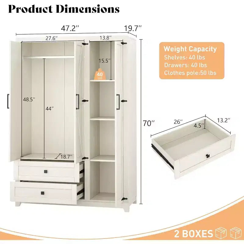 AMERLIFE 47-Zoll-Kleiderschrank im Landhausstil mit 3 Türen, 2 Schubladen, Kleiderstange und verstellbaren Regalen, freistehender Kleiderschrank-Organizer