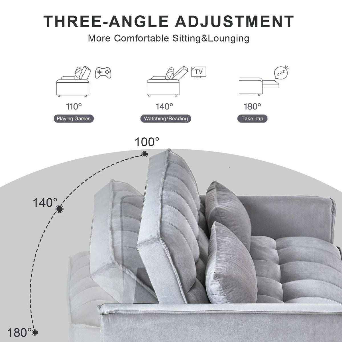 Modernes ausziehbares Schlafsofa, 3-in-1-Schlafsofa mit verstellbarer Rückenlehne, Samt-Loveseat, Kissen und Seitentaschen