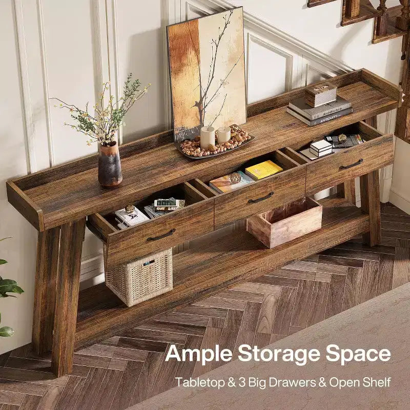 Table console Lantine à 2 niveaux avec 3 tiroirs, console de 70,9 avec rebord surélevé et étagères de rangement pour le salon, le couloir ou l’entrée