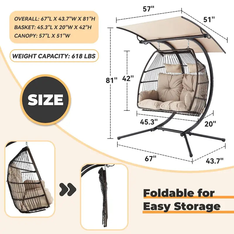 Balancelle d’extérieur pour deux avec support, chaise suspendue pliable, coussin de hamac et auvent, fauteuil œuf double – beige