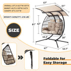 Balancelle d’extérieur pour deux avec support, chaise suspendue pliable, coussin de hamac et auvent, fauteuil œuf double – beige