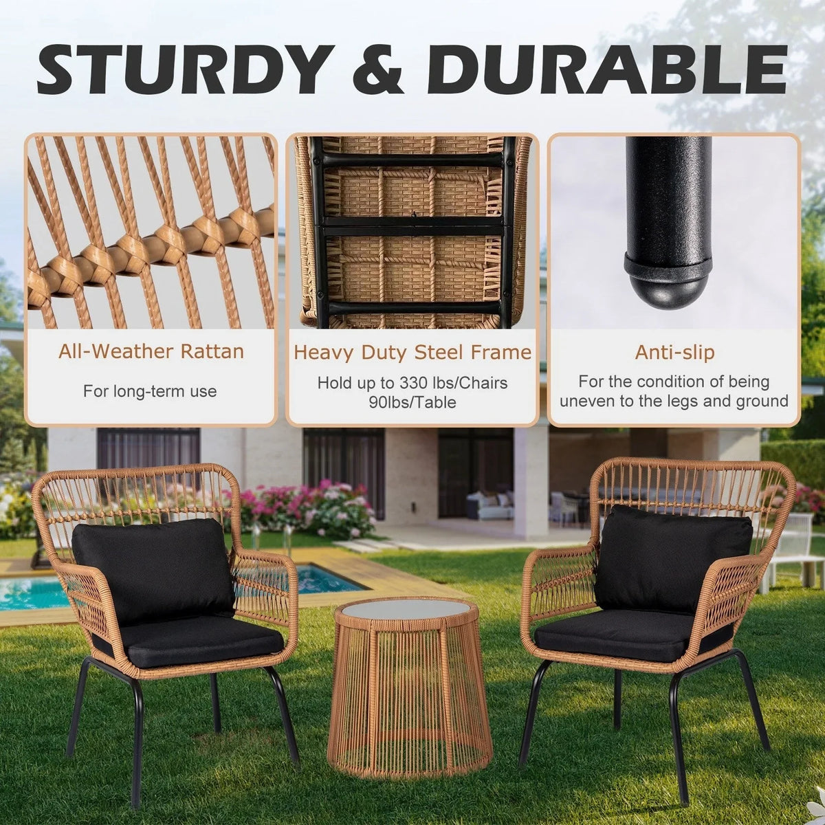 3-delige bistroset van wicker voor buiten, weerbestendige rotan tuinmeubelset met stoelen en kussens