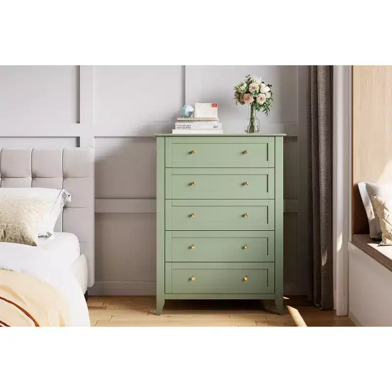 Commode haute de 42,5 po à 5 tiroirs pour chambre, armoire de rangement en bois avec tiroirs profonds de 11,9 po et boutons en métal doré, idéale pour l’entrée ou le couloir