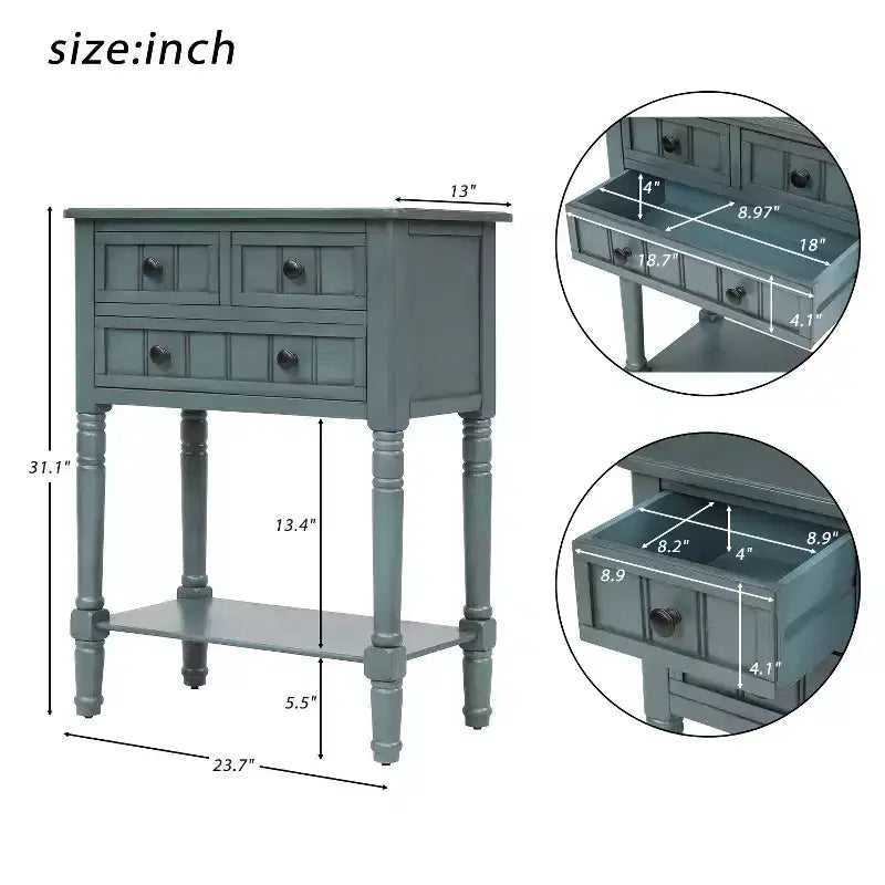 Smalle consoletafel van 60,2 cm met 3 laden en plank, sofatafel voor kleine entrees of woonkamers