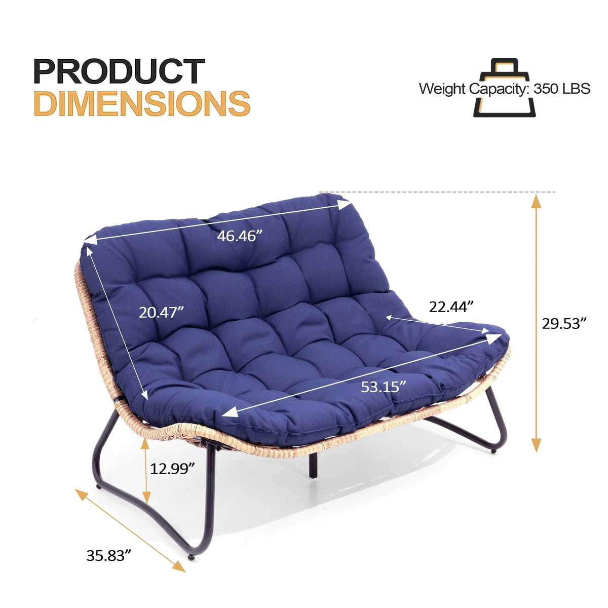 Fauteuil double Papasan avec coussin, rotin PE toutes saisons et structure en métal, pour intérieur et extérieur