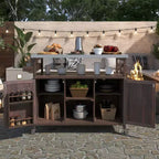 Okak Outdoor Kitchen Island with Stainless Steel Top, Wooden Kitchen Cart with Doors, Shelves and Spice Rack, Rolling Kitchen Island