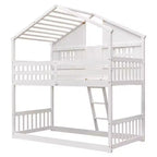 Twin Size House-Shaped Loft Bed, Wood Playhouse Loft Bed with Ladder & Guardrails for Kids