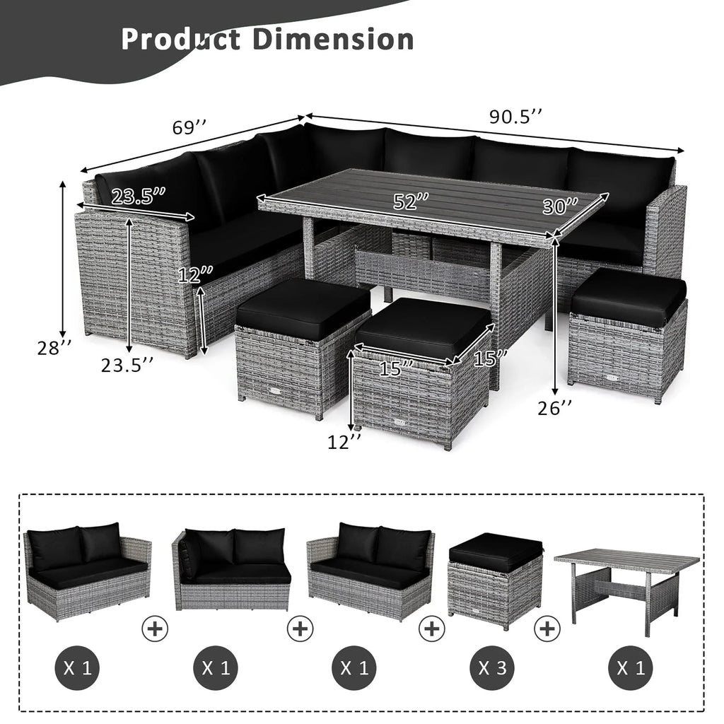 Costway Ensemble repas de jardin en rotin de 7 pièces, canapé d’angle, canapé et pouf — Voir les détails