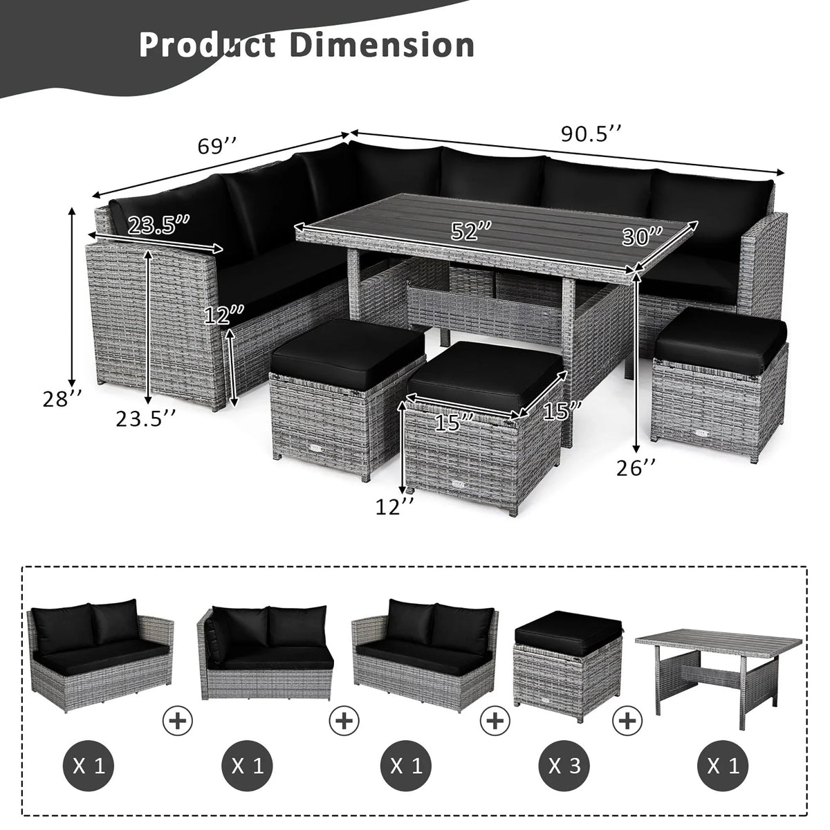 Costway Ensemble repas de jardin en rotin de 7 pièces, canapé d’angle, canapé et pouf — Voir les détails