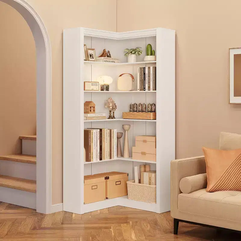 Black/White/Wood/Retro, L-Shaped Corner Bookshelf, 5-Tier, Single