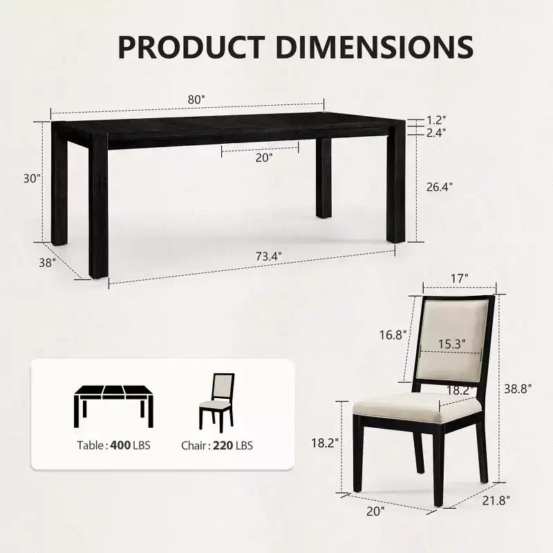 Ensemble de salle à manger moderne - table de 80 et 6 chaises rembourrées, structure en bois massif, capacité de la table de 400 lb, montage facile