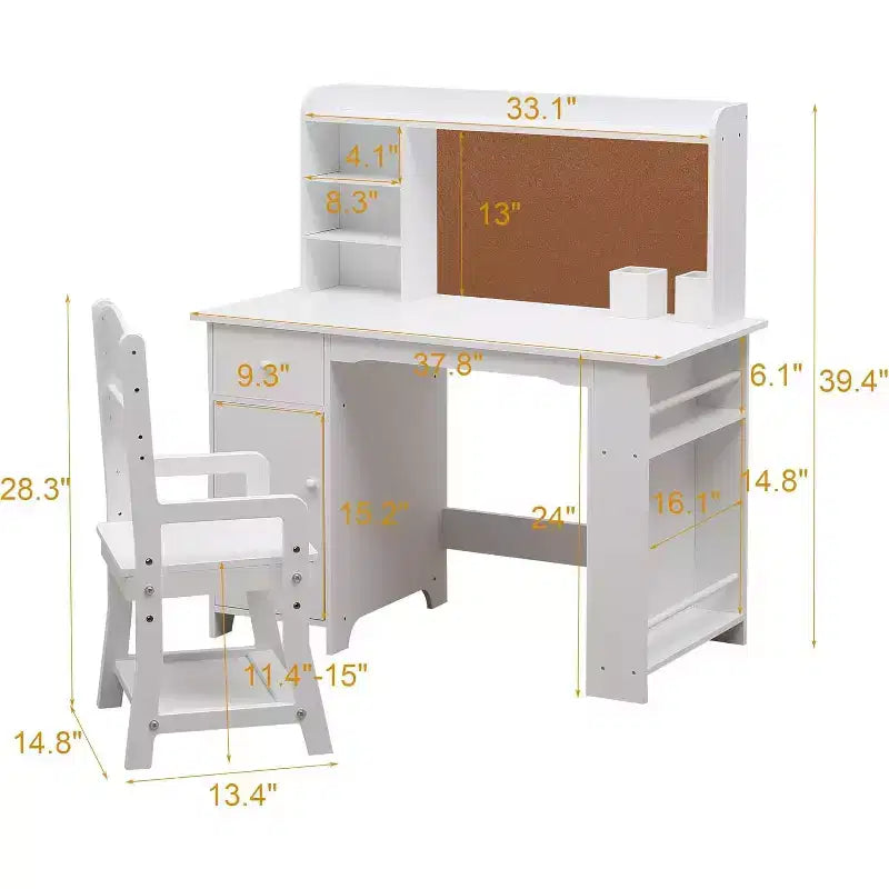 Kinderschreibtisch mit Stuhl-Set für Jungen und Mädchen, hölzerner Kinderschreibtisch mit Bücherregal, Pinnwand, Schrank und Schublade für Kinder von 3–8 Jahren