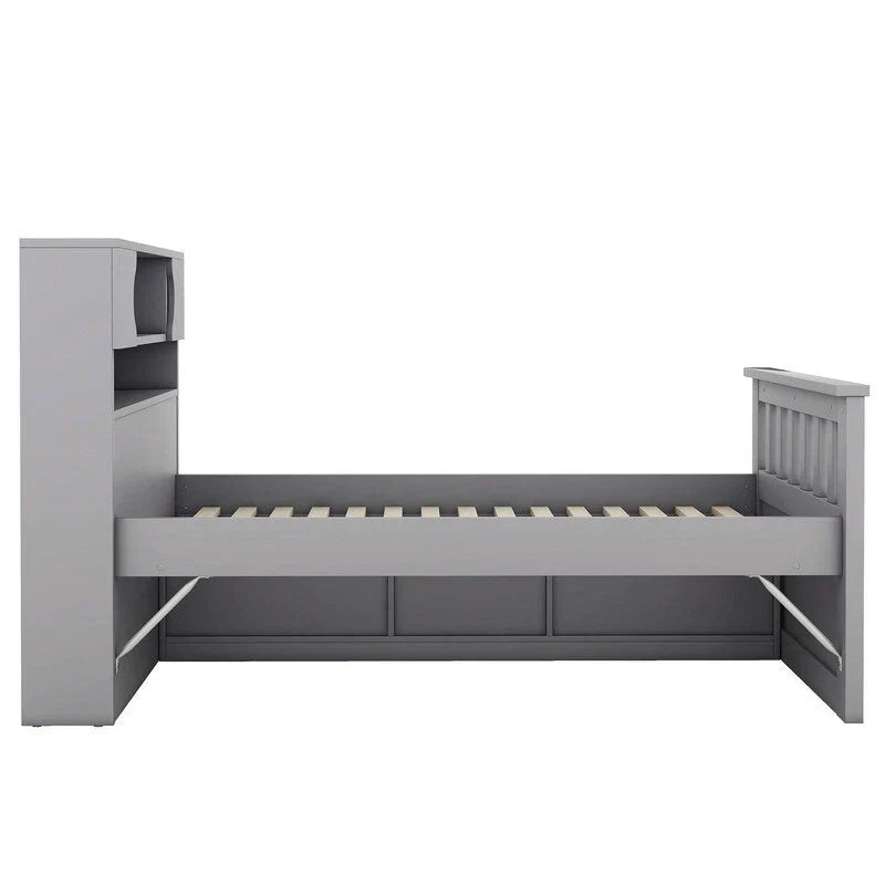 Lit plateforme de capitaine Twin/Full avec 4 tiroirs et étagères de rangement, structure en bois massif avec tête de lit bibliothèque et rangements