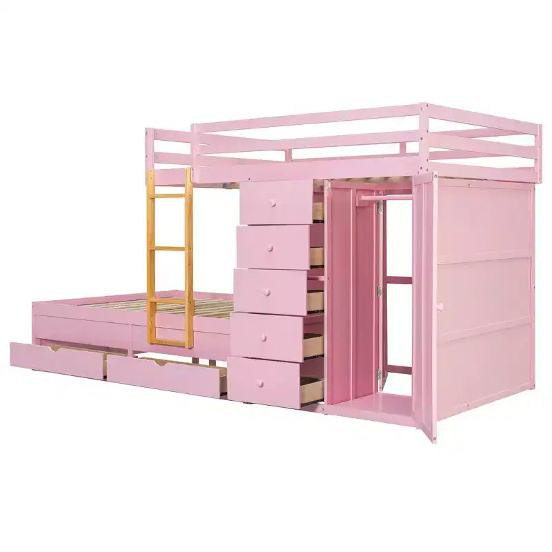 Modern stapelbed voor twee tweepersoonsmatrassen met ingebouwde kledingkast en 7 opbergladen