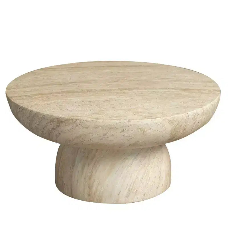 Table basse ronde à piédestal en fiberstone, table d’appoint sculptée pour intérieur et extérieur avec patins antidérapants