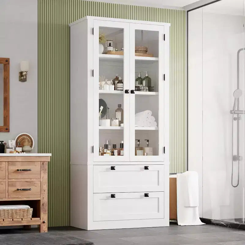 Küchenvorratsschrank im Landhausstil mit Glastüren, 183 cm hoher Aufbewahrungsschrank mit Schubladen und verstellbaren Einlegeböden für Esszimmer, Badezimmer und Wohnzimmer