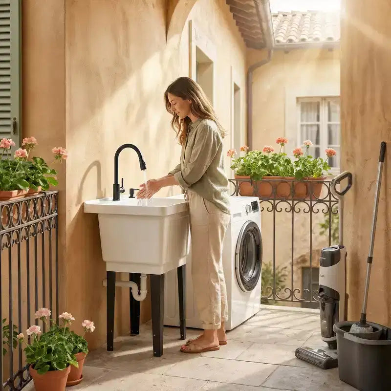 Évier utilitaire portable avec bac à linge, évier sur pied avec robinet, distributeur de savon et tuyaux